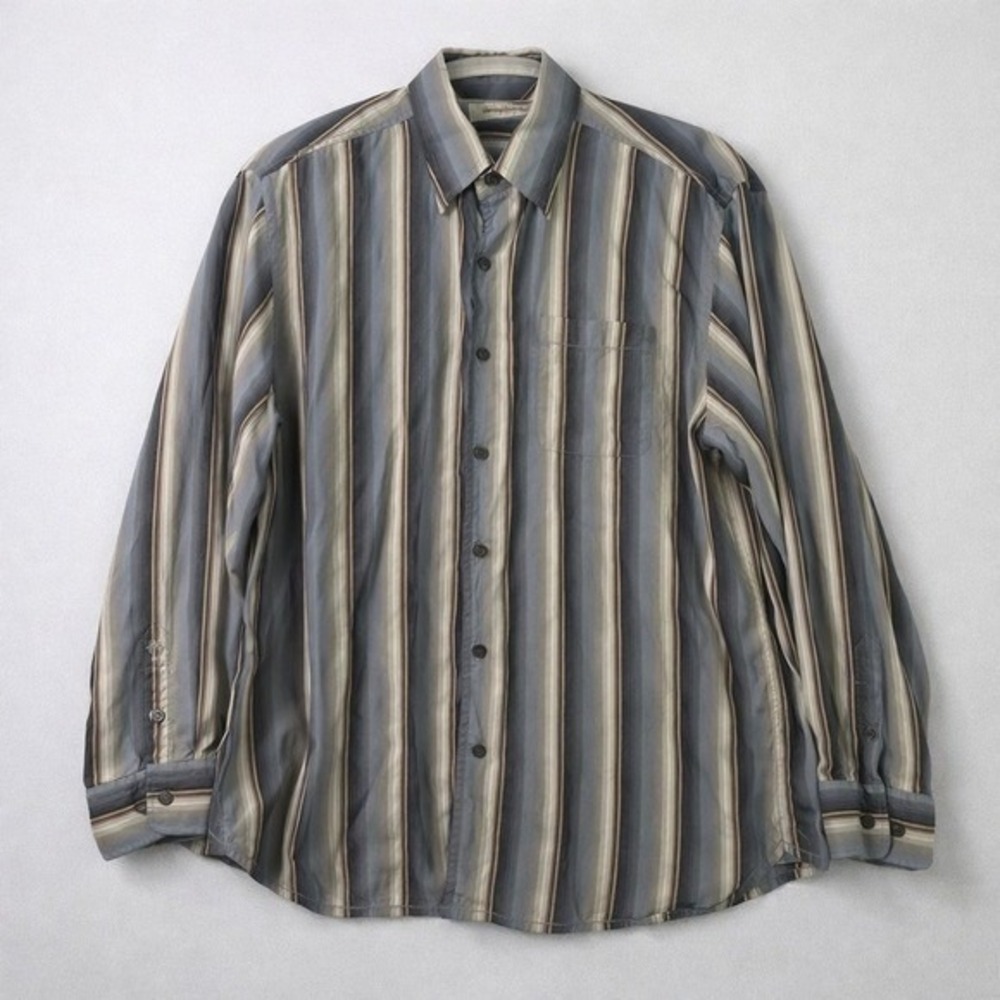 Tommy Bahama XL Silk‎ Blend Striped Button Down Shirt Long Sleeve Grey Tan Blue